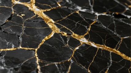 Obraz premium Close-up of black marble with golden veins and intricate crack patterns