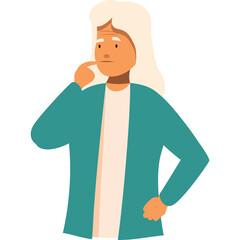Elderly Woman With White Hair Pondering A Thought With Her Finger On Her Chin Wearing A Teal Cardigan Over A White Shirt
