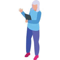 Elderly Woman with White Hair Wearing Blue Shirt and Purple Pants Holding a Tablet and Waving Her Hand in a Gesture of Greeting or Communication Isolated on a White Background