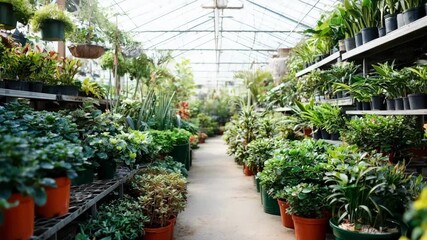 Medium shot of a modern greenhouse interior showcasing tiered plant shelves maximizing vertical space for efficient crop growth. - Powered by Adobe