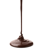 Pouring tasty melted chocolate on white background