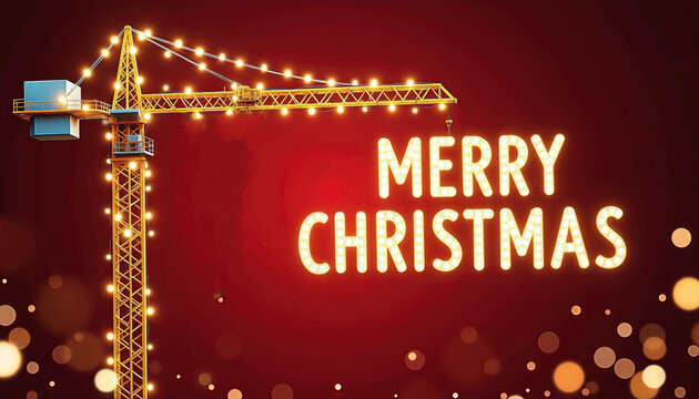 Construction crane holding the letters "Merry Christmas,"  red background. holiday advertising, seasonal construction themes, or unique Christmas greetings.
