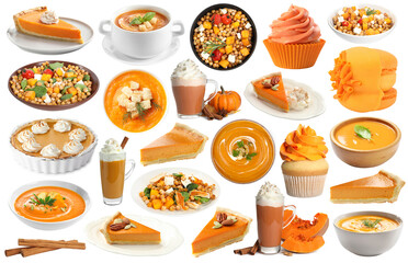 Pumpkin dishes, desserts and drinks. Seasonal menu collection on white background