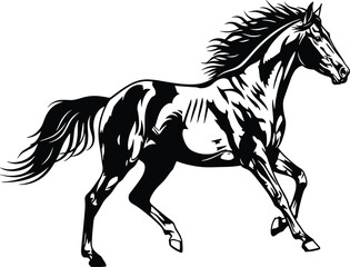 Black and white illustration of a running horse, powerful stallion artwork, wild animal design, equine silhouette, speed and strength concept.