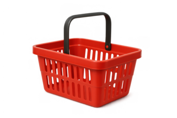 Empty red plastic shopping basket for supermarket groceries, retail shopping concept with transparent background