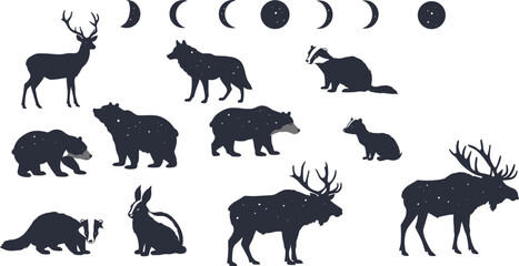 Celestial animal silhouettes, moon phase sequence, starry wildlife vector, forest creatures in night sky, cad drawing flat vector illustration