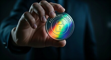 Digital security token concept. A hand holds a glowing, holographic token with a padlock icon, with the word "AUTHENTICATED" visible.