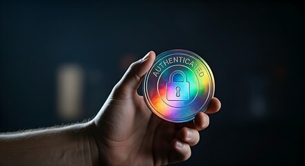 Digital security token concept. A hand holds a glowing, holographic token with a padlock icon, with the word "AUTHENTICATED" visible.