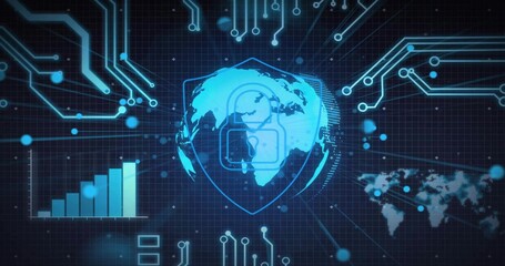 Glowing central globe with padlock icon amid grid backdrop, with circuit traces, bar chart, map