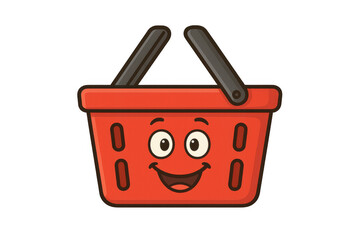 Fototapeta premium Happy red shopping basket facing forward, smiling cartoon mascot character representing retail, e-commerce, and sale concepts