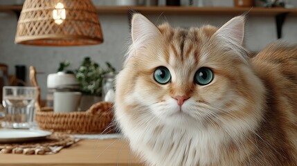 fluffy cat with green eyes in cozy kitchen