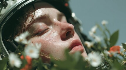 astronaut resting among wildflowers conceptual art