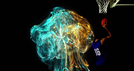 Gripping basketball player holding ball under hoop at court, with luminous particles, copy space