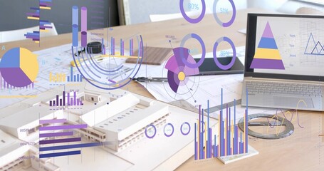 Showcasing white scale model sitting on studio desk with blueprints and floating charts, copy space
