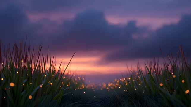 Twilight Meadow: This tranquil landscape captures the essence of a serene dusk with tall grass silhouetted against a vibrant sunset sky, creating a breathtaking moment of natural beauty. - Powered by Adobe
