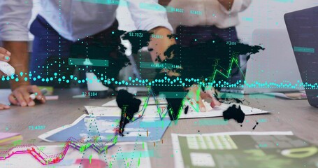 Leaning forward three professionals analyzing charts in conference room, with digital overlay