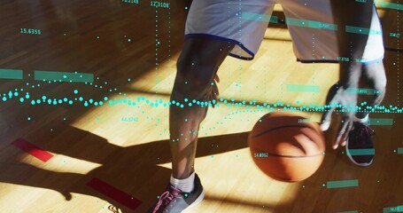 Dribbling athlete's legs in white shorts sneakers guiding basketball on gym court with data overlay