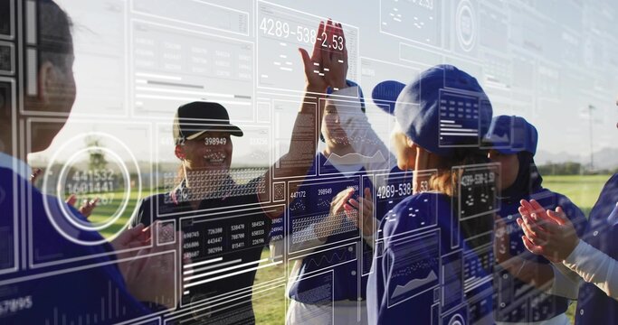 High-fiving and clapping baseball players wearing jerseys on grassy field with data overlay