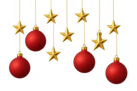 Hanging christmas red balls and golden stars decoration