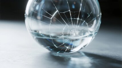 Cracked glass sphere on a reflective surface with spiderweb fractures