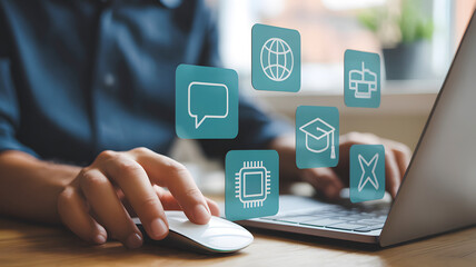 Hands interacting with digital interface showing education, communication, innovation, and global connectivity icons on a modern workspace laptop