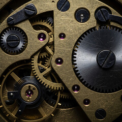 Extreme close-up of complex, interlocking metallic clockwork gears. Brass and dark metal texture visible under focused light.