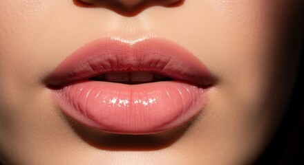 Obraz premium Close-up of pink, glossy lips with striking light/shadow