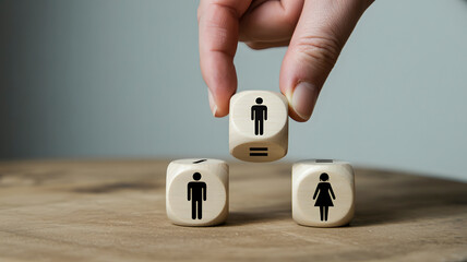 Hand placing wooden cube with male symbol and equal sign, highlighting gender equality and fairness in society and workplace