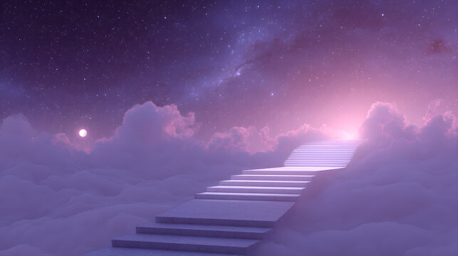 Path to the cosmos: Ascend towards serenity via a celestial staircase enveloped in soft clouds and the luminous embrace of a celestial dawn.