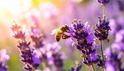 Close-up of a honeybee collecting nectar from vibrant lavender blooms under warm sunlight. Nature, pollination, and summer ecology.