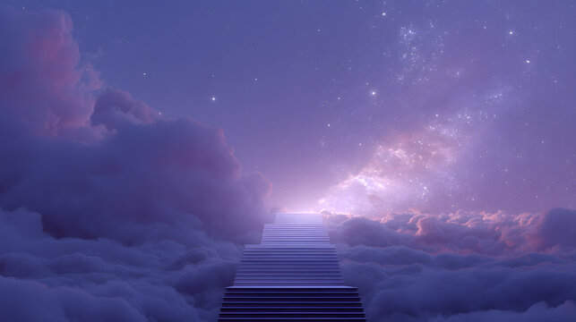 Stairway to Celestial Dreams: An ethereal staircase ascends gracefully through a sea of fluffy clouds, leading towards a radiant source of light in the vast twilight sky.