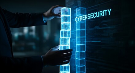Building a cybersecurity wall. An IT architect's hands assemble glowing light blocks to build a tall, impenetrable digital wall labeled "CYBERSECURITY."