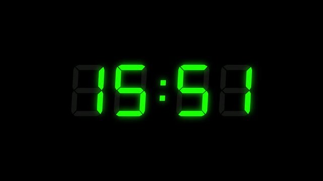 Green Digital Countdown Timer Starting at 20:00 (20 seconds) on Black Background, Featuring High-Visibility LED Display. 4K Motion Graphics