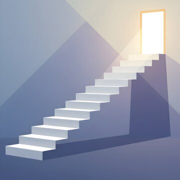 Escalera ascendente hacia una puerta luminosa, met&aacute;fora de progreso y objetivos alcanzados