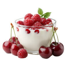 Delicious yogurt parfait with fresh raspberries and cherries