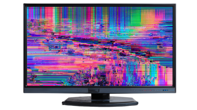 Computer screen displaying colorful digital glitch and static noise