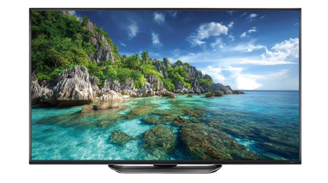 Modern television screen displaying a vibrant tropical island landscape