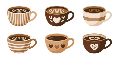 Six Coffee Cups with Latte and Heart Decorations