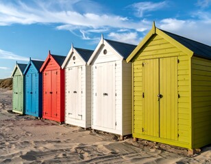 Naklejka premium Colorful beach huts on sandy shore under a partly cloudy sky, forming a row
