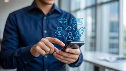 Man uses smartphone to connect with angel investors, secure funding for startup growth and launch new ventures with digital communication