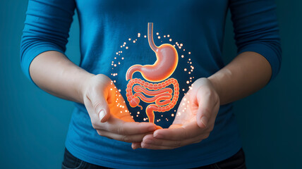 Empowering health and wellness with a vibrant, glowing representation of the human digestive system held gently between caring hands