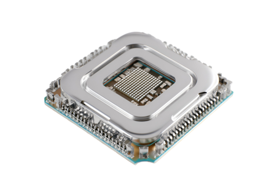 Close up of a modern computer processor chip on a black background