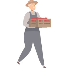 Elderly farmer wearing a straw hat and overalls carries a wooden crate filled with red tomatoes on a transparent background conveying a sense of harvest and traditional agriculture
