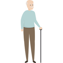 Elderly Gentleman Standing with Cane Light Blue Sweater Brown Trousers and White Hair Moustache Full Body Profile View Isolated on White