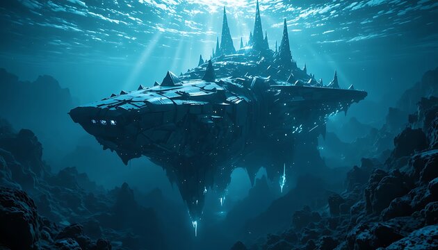 Underwater alien city with glowing lights and sharp spires in a deep blue ocean scene - Powered by Adobe