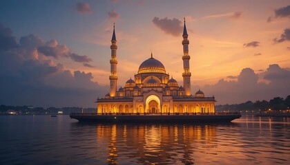 Naklejka premium Illuminated mosque reflecting in water at dusk offers serene beauty and spiritual reflection