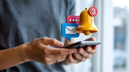 Stay connected and informed with instant notifications and messages appearing magically above a modern smartphone held by a person