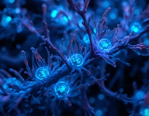 Glowing blue orbs on alien flora create a surreal and enchanting otherworldly botanical scene