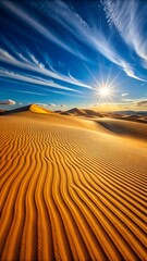 Naklejka premium Golden desert sand dunes sculpted by wind under a bright sun and wispy clouds