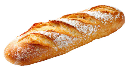 Golden brown crusty baguette bread with flour dusting on black background